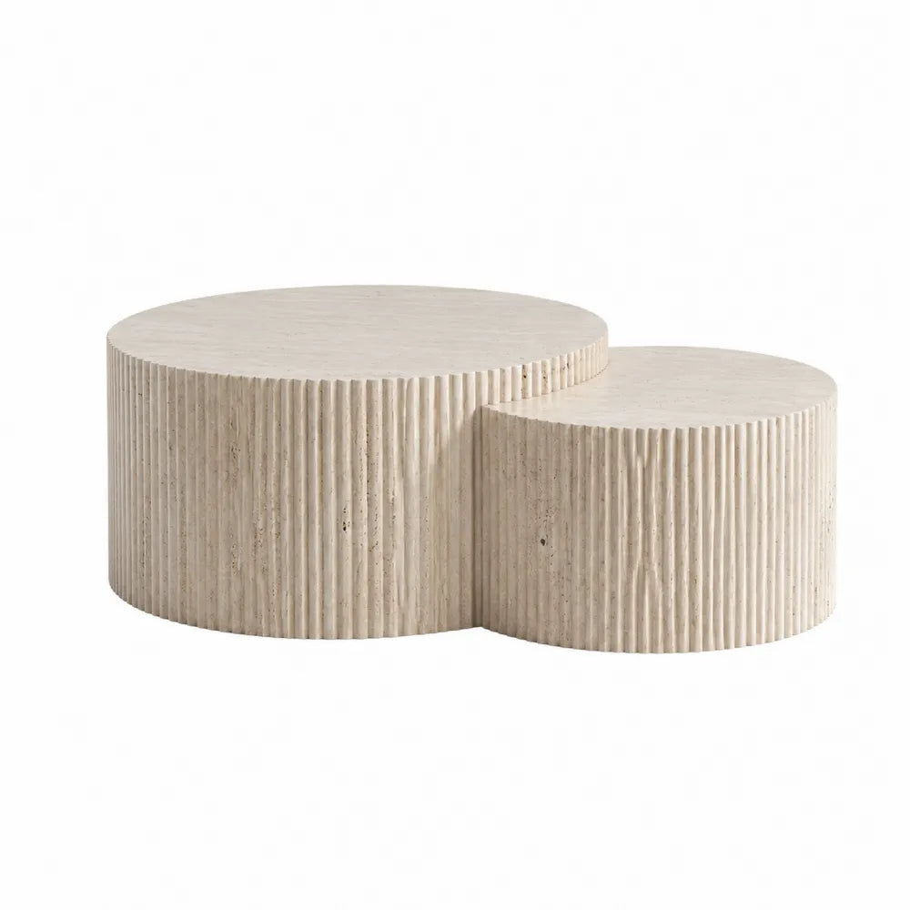 Tables basses d’extérieur gigognes 2 pièces en béton fibré effet travertin beige formes rondes Ø80 x 40 cm et Ø60 x 33 cm