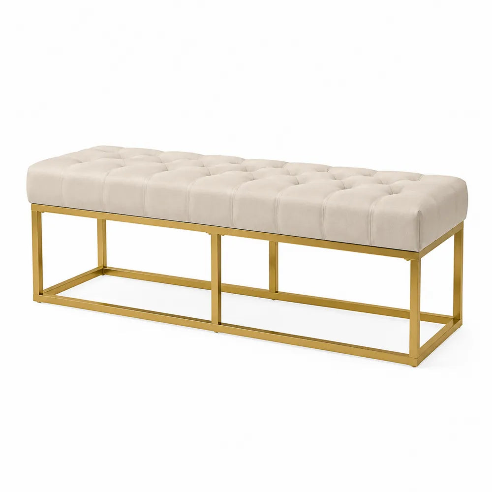 Banc de chambre capitonné rectangulaire 120 x 40 x 45 cm en velours polyester beige avec cadre en acier doré
