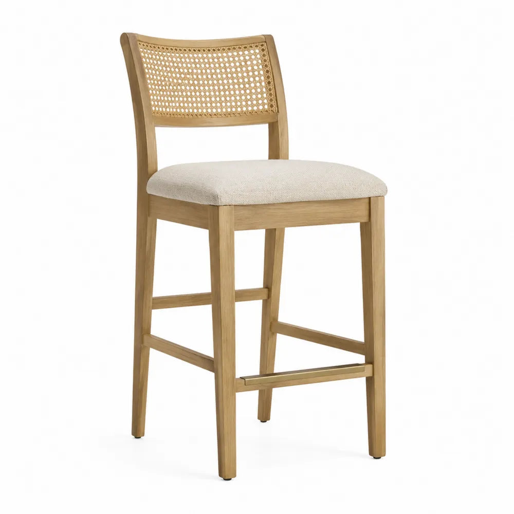Tabouret de bar avec dossier cannage rotin naturel 48 x 52 x 103 cm cadre hévéa massif assise écru repose-pieds doré