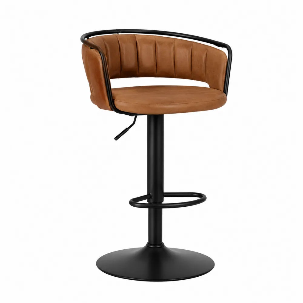 Tabouret de bar pivotant réglable avec dossier enveloppant en similicuir PU cognac et acier noir 50 x 52 x 88-108 cm