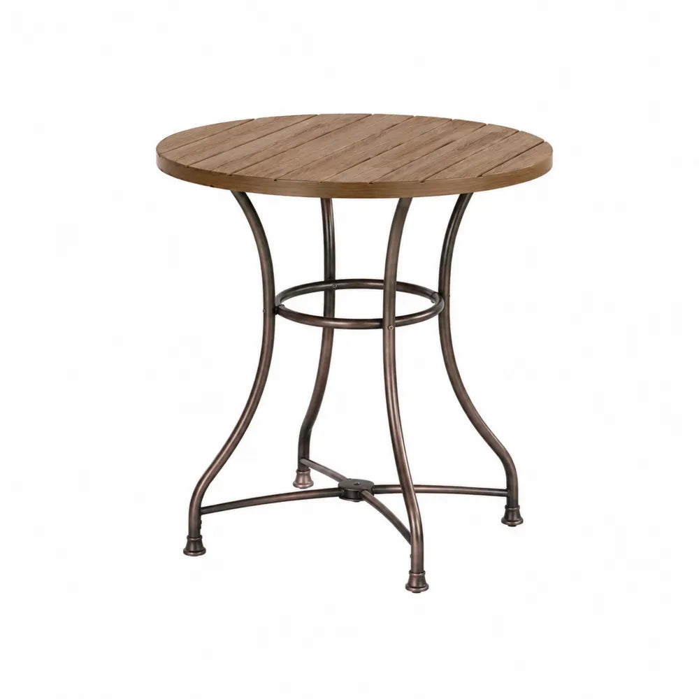 Table de jardin ronde en acacia massif brun naturel avec plateau à lattes et structure en acier bronze foncé 90 x 90 x 74 cm