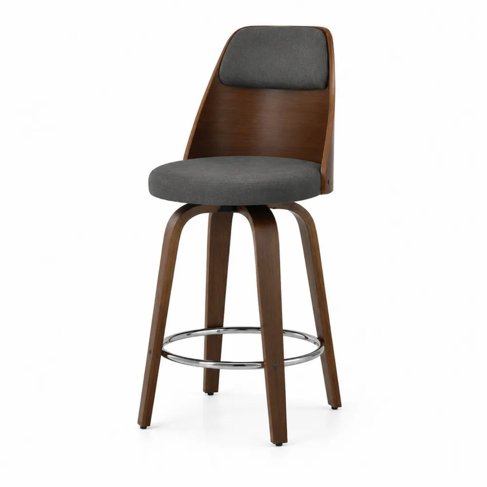 Tabouret de bar pivotant avec dossier courbé en contreplaqué noyer assise rembourrée en tissu gris 48 x 52 x 104 cm