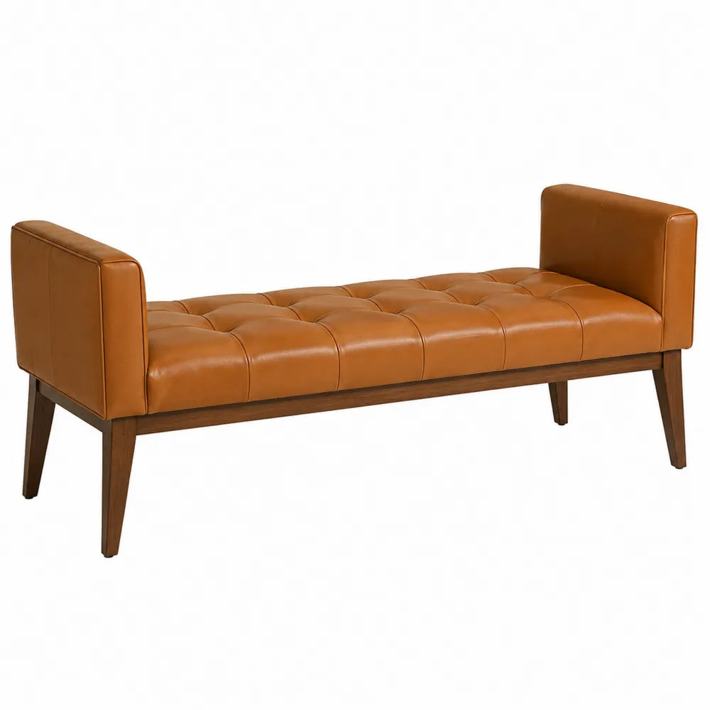 Banc de chambre capitonné rectangulaire 140 x 42 x 62 cm en PU cognac avec pieds en hévéa brun foncé