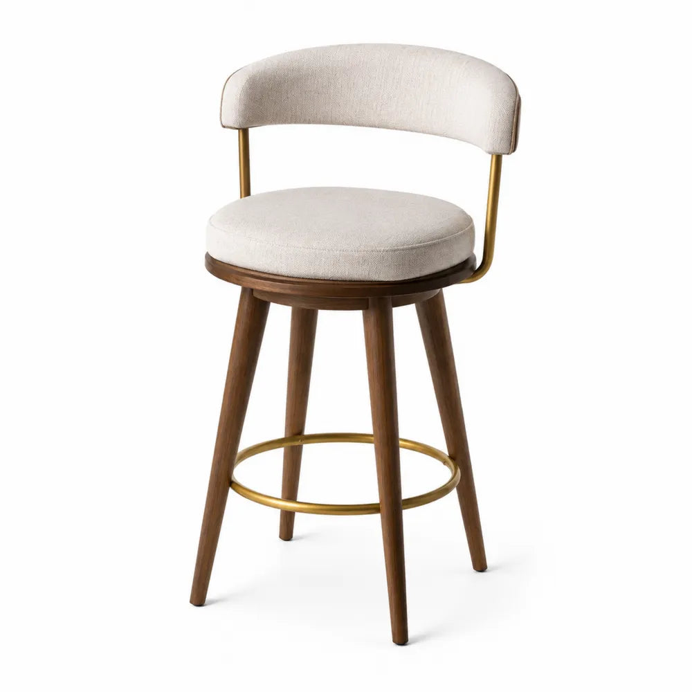 Tabouret de bar avec dossier en tissu beige bois naturel et acier finition dorée 52 x 52 x 95 cm