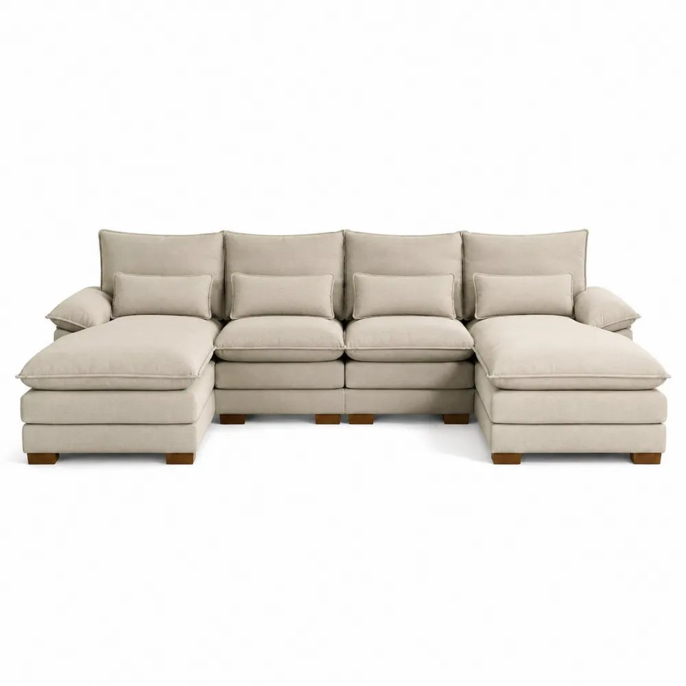 Canapé modulable panoramique en U 5 places 360 x 180 x 84 cm en tissu bouclé beige avec double méridienne et coussins amovibles