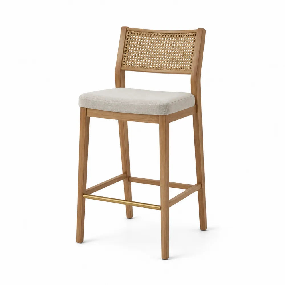 Tabouret de bar avec dossier en cannage rotin 47 x 51 x 106 cm bois de hêtre massif chêne clair assise beige