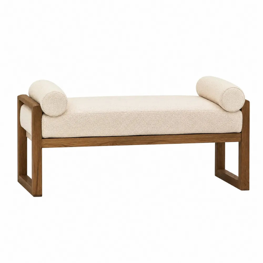 Banc de chambre rectangulaire 120 x 42 x 48 cm en polyester bouclé blanc cassé et hévéa massif bois clair avec coussins cylindriques