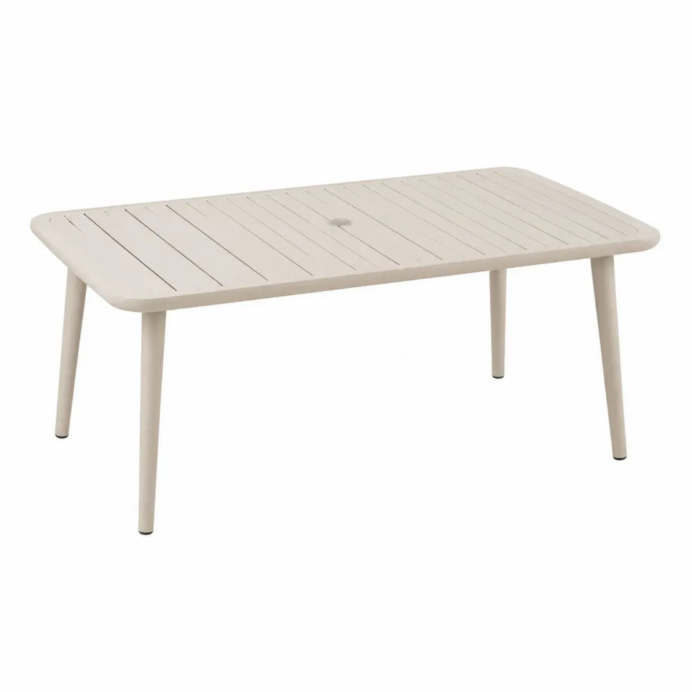 Table d’extérieur rectangulaire en aluminium thermolaqué beige crème avec trou pour parasol