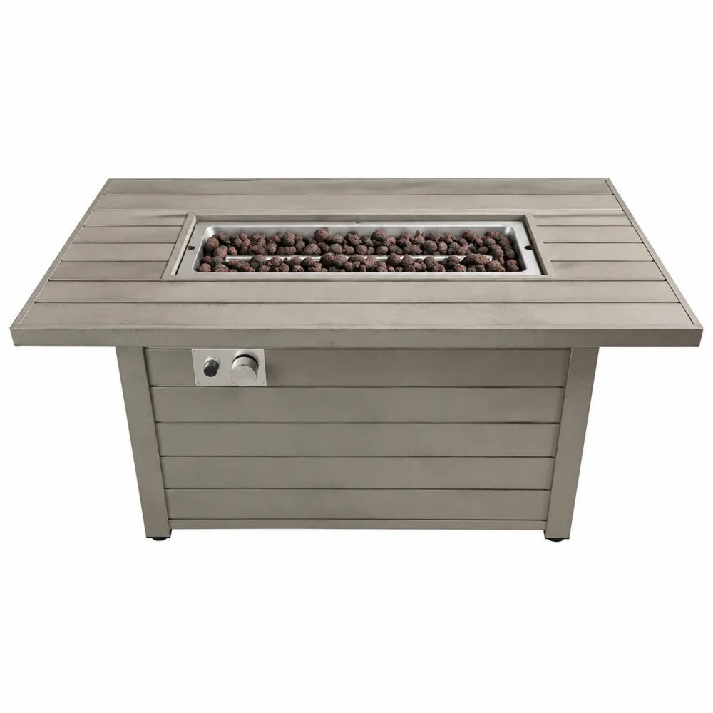 Table brasero extérieure rectangulaire au gaz propane en aluminium gris taupe avec brûleur inox et pierres de lave 132 x 81 x 64 cm