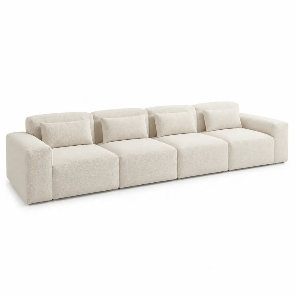 Canapé modulable droit 4 places en tissu bouclé polyester écru avec accoudoirs 320 x 100 x 76 cm
