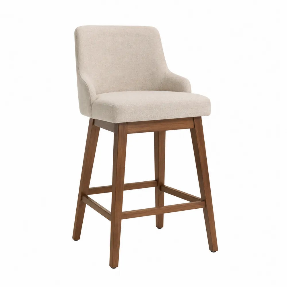 Tabouret de bar avec dossier et accoudoirs rembourré en polyester beige et hévéa massif brun naturel 54 x 58 x 105 cm