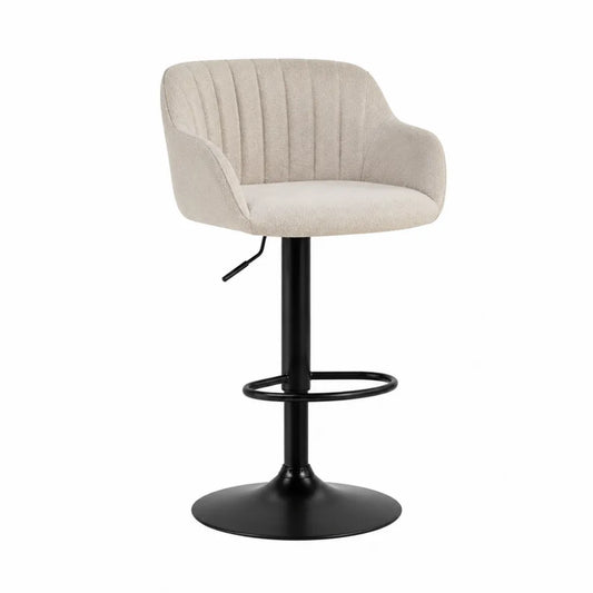 Tabouret de bar réglable pivotant avec accoudoirs en polyester bouclé beige et acier noir base ronde 56 x 55 x 88 à 108 cm