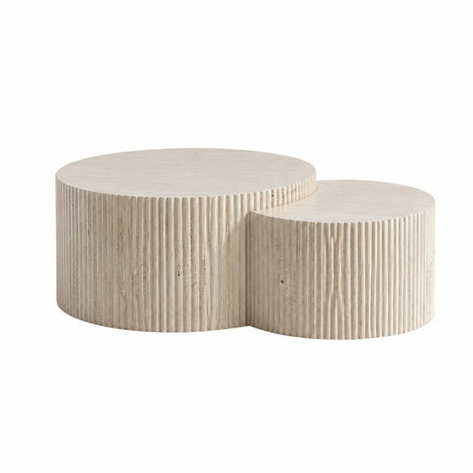 Tables basses d’extérieur gigognes 2 pièces en béton fibré effet travertin beige formes rondes Ø80 x 40 cm et Ø60 x 33 cm