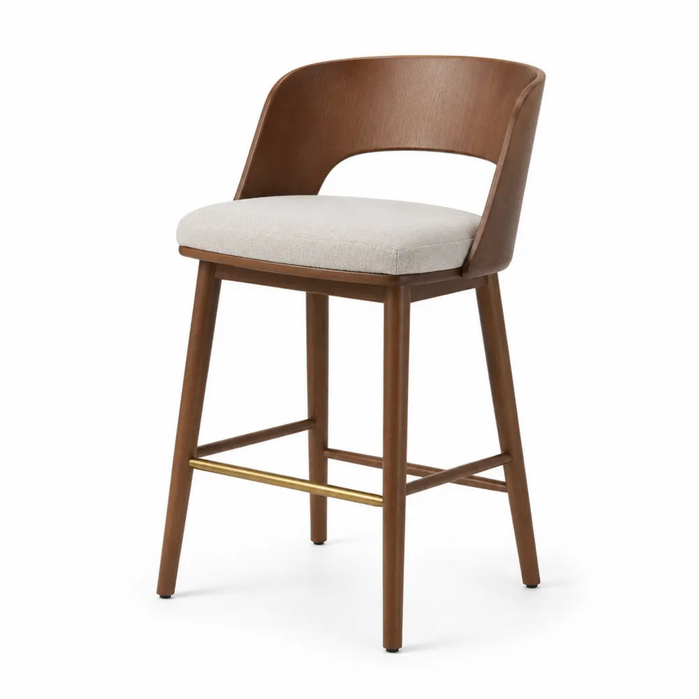 Tabouret de bar avec dossier ouvert en hévéa massif brun assise rembourrée beige et repose-pieds acier doré 52 x 54 x 96 cm