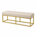 Banc de chambre capitonné rectangulaire 120 x 40 x 45 cm en velours polyester beige avec cadre en acier doré