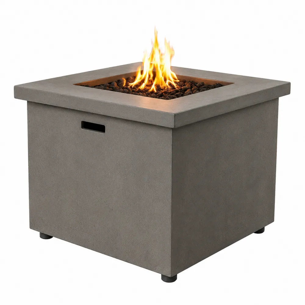 Table brasero extérieure carrée au gaz propane en ciment fibré gris avec brûleur inox et pierres de lave 81 x 81 x 63 cm