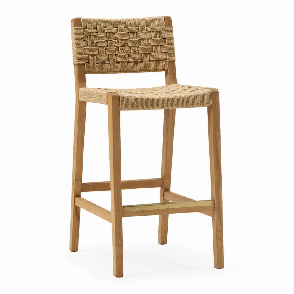 Tabouret de bar avec dossier 45 x 52 x 105 cm hévéa massif naturel assise en corde tressée beige repose-pieds métal doré