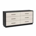 Commode rectangulaire 6 tiroirs 150 x 40 x 76 cm en panneaux de particules noir et MDF beige clair avec poignées noires