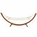 Hamac sur pied en bois massif 330 x 120 x 110 cm avec toile écru et support courbé brun