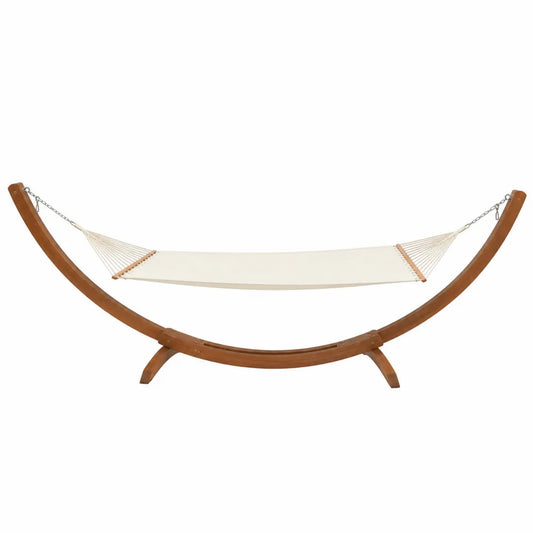Hamac sur pied en bois massif 330 x 120 x 110 cm avec toile écru et support courbé brun
