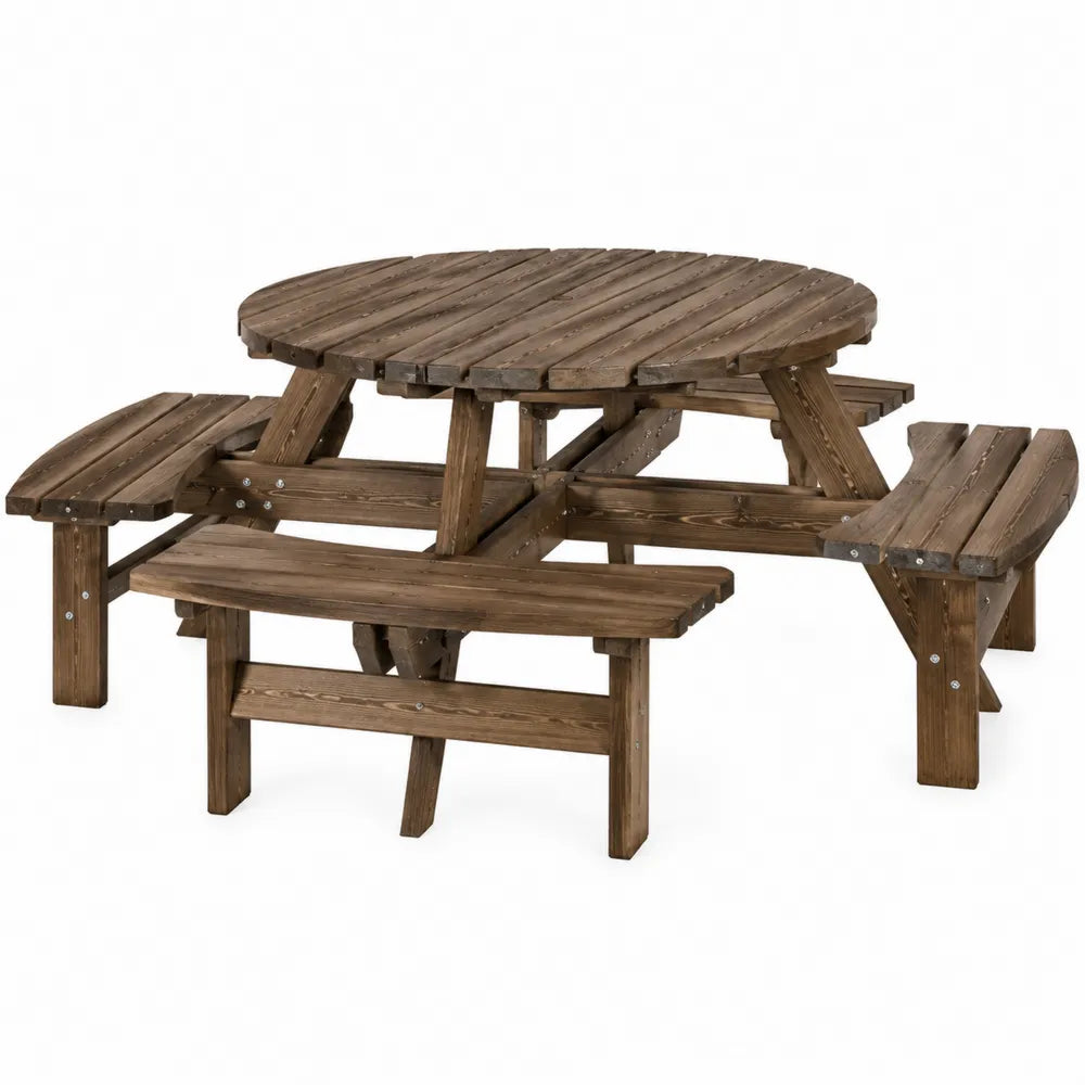 Table de pique-nique ronde extérieure avec 4 bancs intégrés en pin massif traité brun 190 x 190 x 72 cm