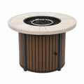Table brasero d’extérieur ronde au gaz propane en béton fibré beige avec base acier noir et lattes WPC brunes 106 x 106 x 74 cm