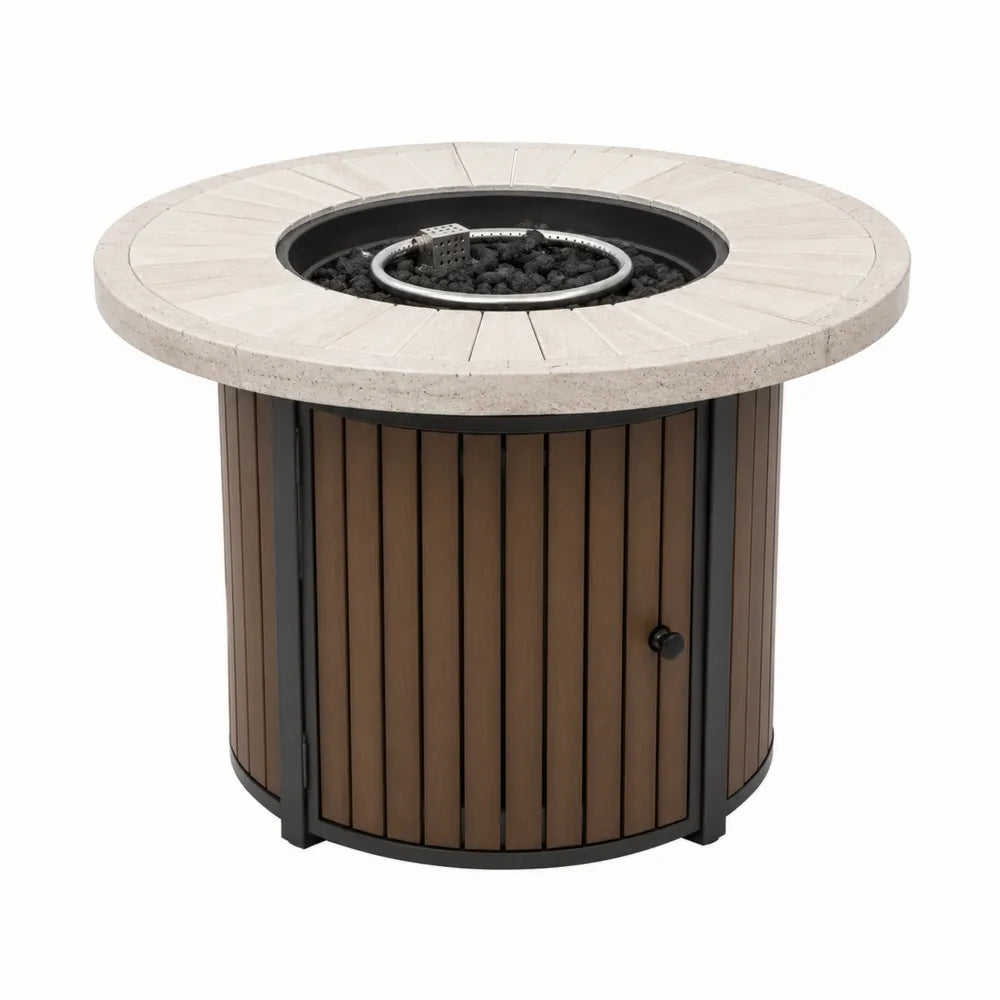 Table brasero d’extérieur ronde au gaz propane en béton fibré beige avec base acier noir et lattes WPC brunes 106 x 106 x 74 cm