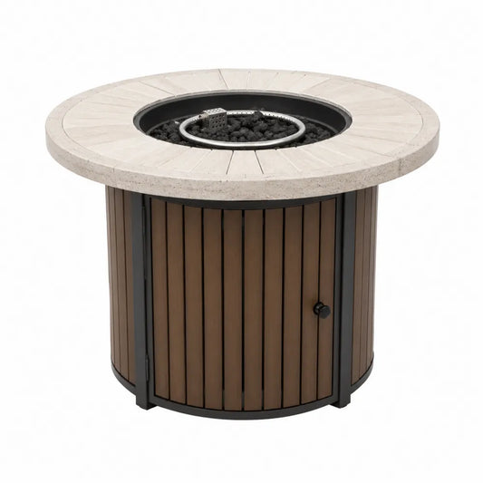 Table brasero d’extérieur ronde au gaz propane en béton fibré beige avec base acier noir et lattes WPC brunes 106 x 106 x 74 cm