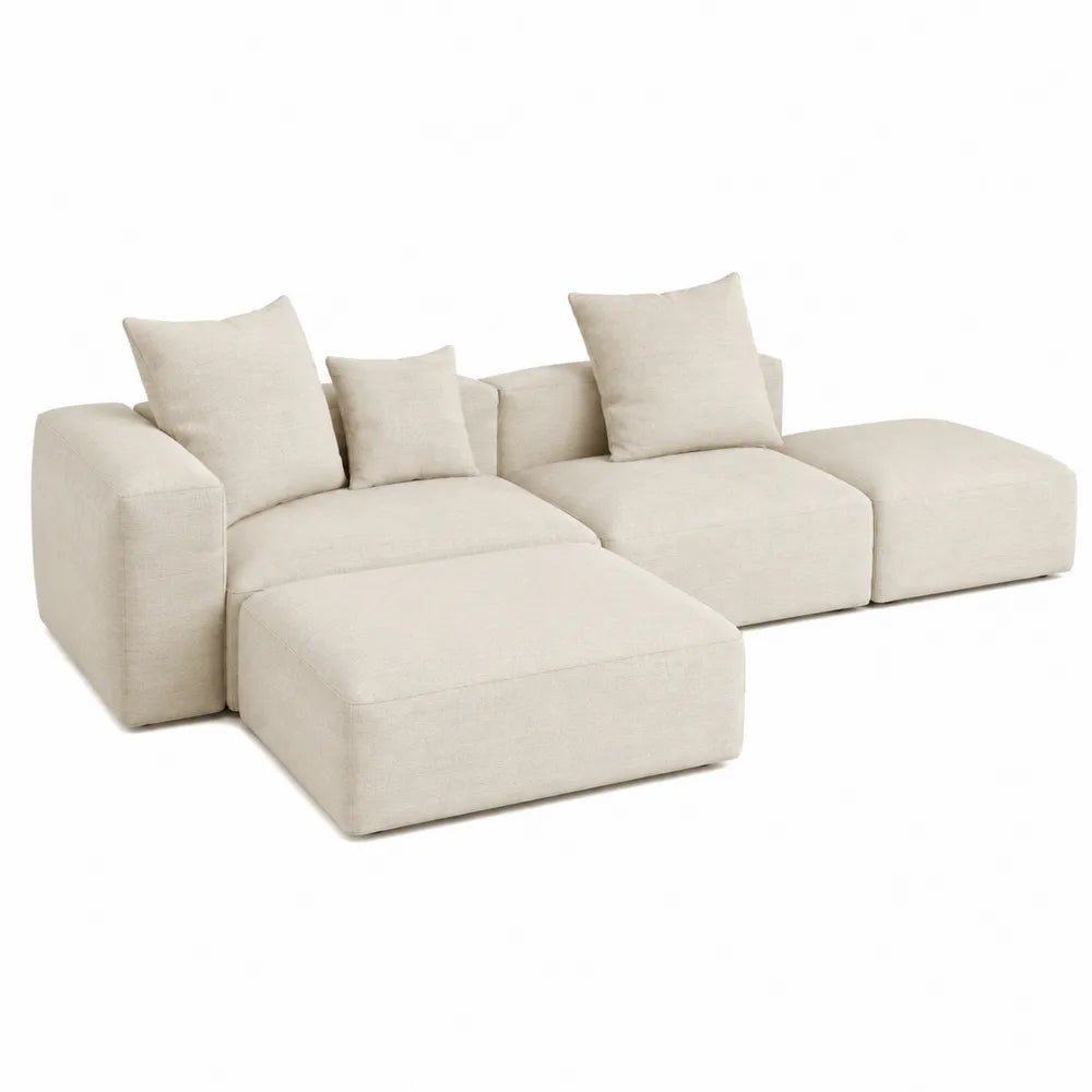 Canapé modulable 3 places rectangulaire en tissu polyester tissé beige avec méridienne et pouf 285 x 170 x 78 cm