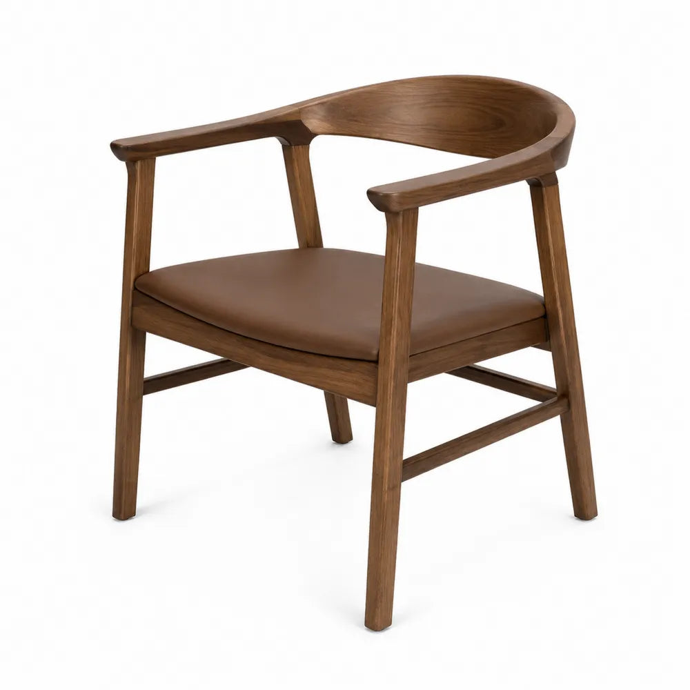 Fauteuil de salle à manger avec accoudoirs 58 x 55 x 78 cm en hévéa massif brun noyer avec assise en PU marron