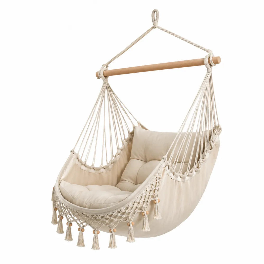 Fauteuil hamac suspendu écru en coton avec coussins corde macramé et barre en hêtre 100 x 80 x 130 cm