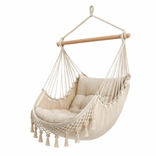 Fauteuil hamac suspendu écru en coton avec coussins corde macramé et barre en hêtre 100 x 80 x 130 cm