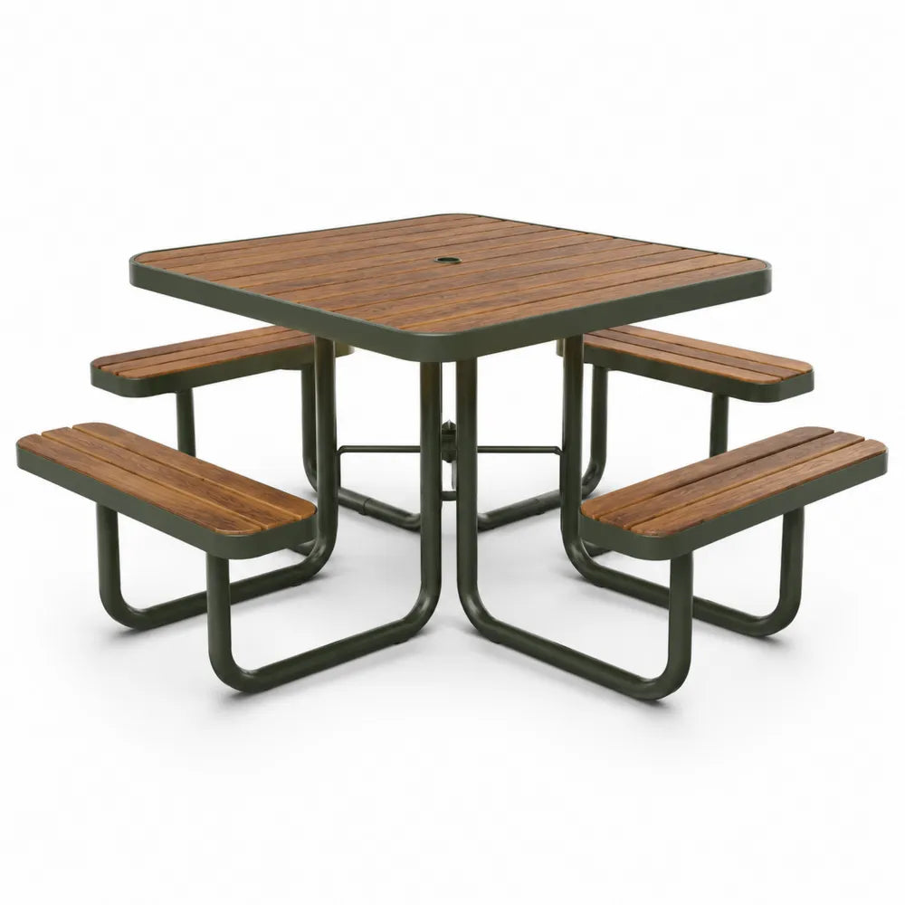 Table de pique-nique carrée extérieure 4 bancs intégrés en acacia massif et acier vert olive 180 x 180 x 74 cm