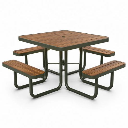 Table de pique-nique carrée extérieure 4 bancs intégrés en acacia massif et acier vert olive 180 x 180 x 74 cm