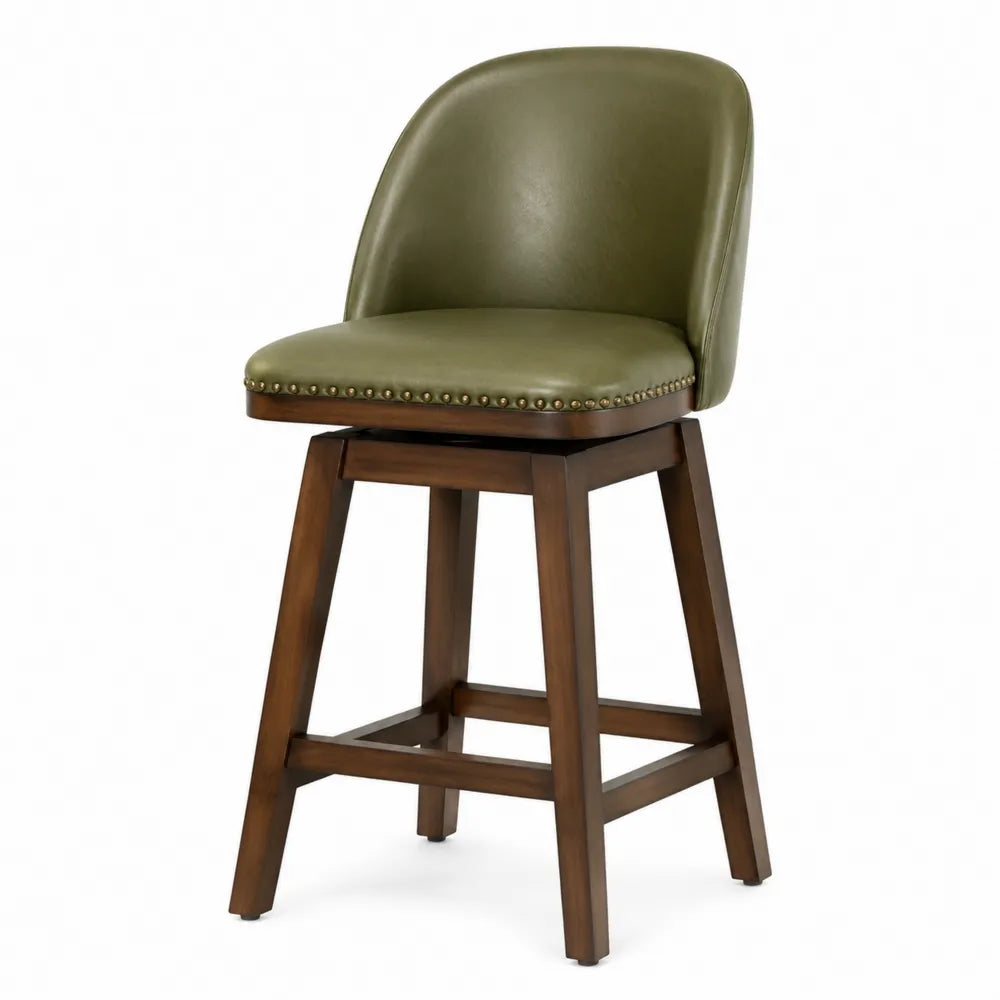 Tabouret de bar pivotant avec dossier arrondi 53 x 55 x 104 cm revêtement PU vert olive piètement hévéa massif brun noyer