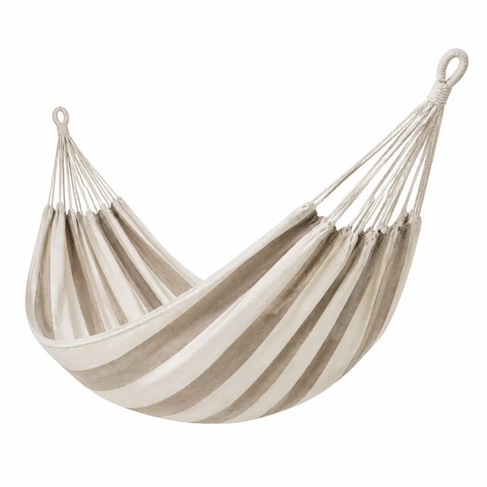 Hamac suspendu 1 place 320 x 150 cm en coton polyester écru et beige avec cordes de suspension