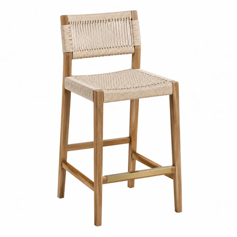 Tabouret de bar en hévéa massif naturel 48 x 52 x 101 cm assise et dossier en corde polyester beige repose-pieds doré