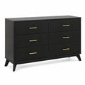 Commode rectangulaire 6 tiroirs 140 x 40 x 80 cm en MDF plaqué frêne noir avec poignées finition laiton brossé
