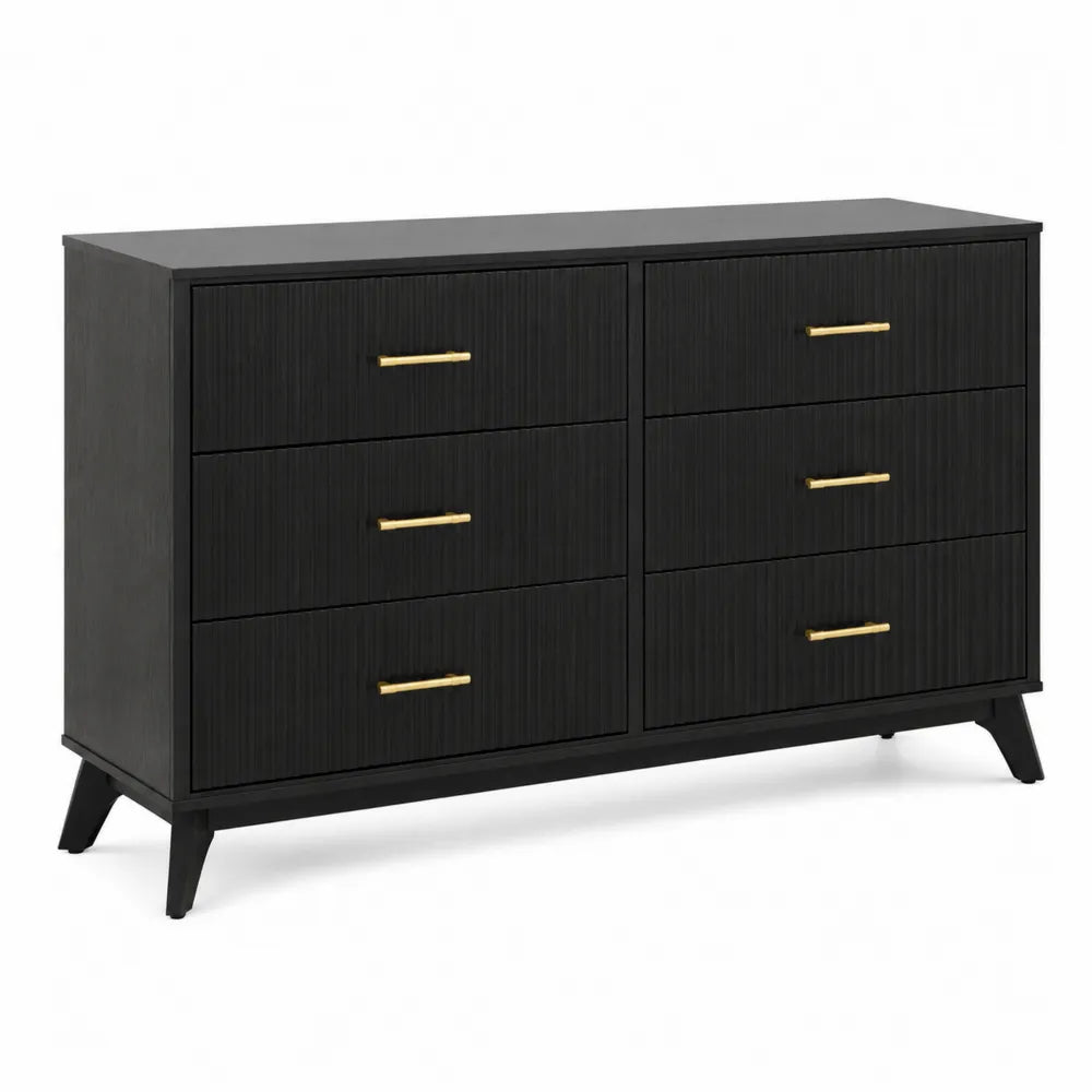 Commode rectangulaire 6 tiroirs 140 x 40 x 80 cm en MDF plaqué frêne noir avec poignées finition laiton brossé