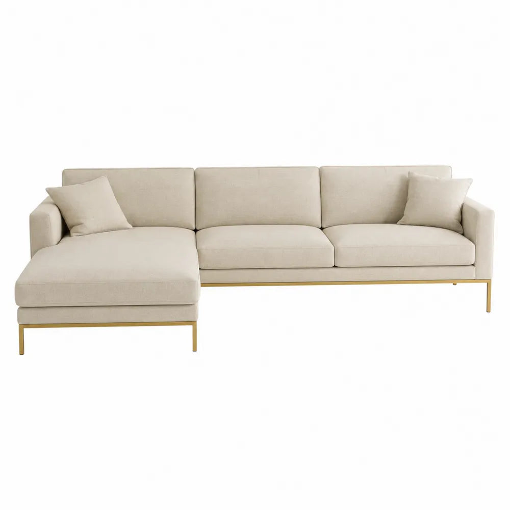 Canapé modulable d’angle gauche 4 places en tissu polyester tissé beige avec pieds en acier doré 270 x 160 x 82 cm