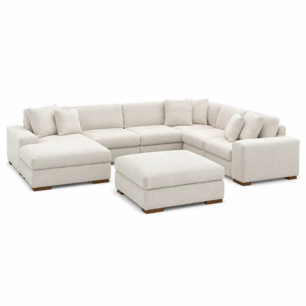 Canapé modulaire d’angle 5 places 300 x 200 x 85 cm tissu bouclé écru avec ottoman et coussins amovibles
