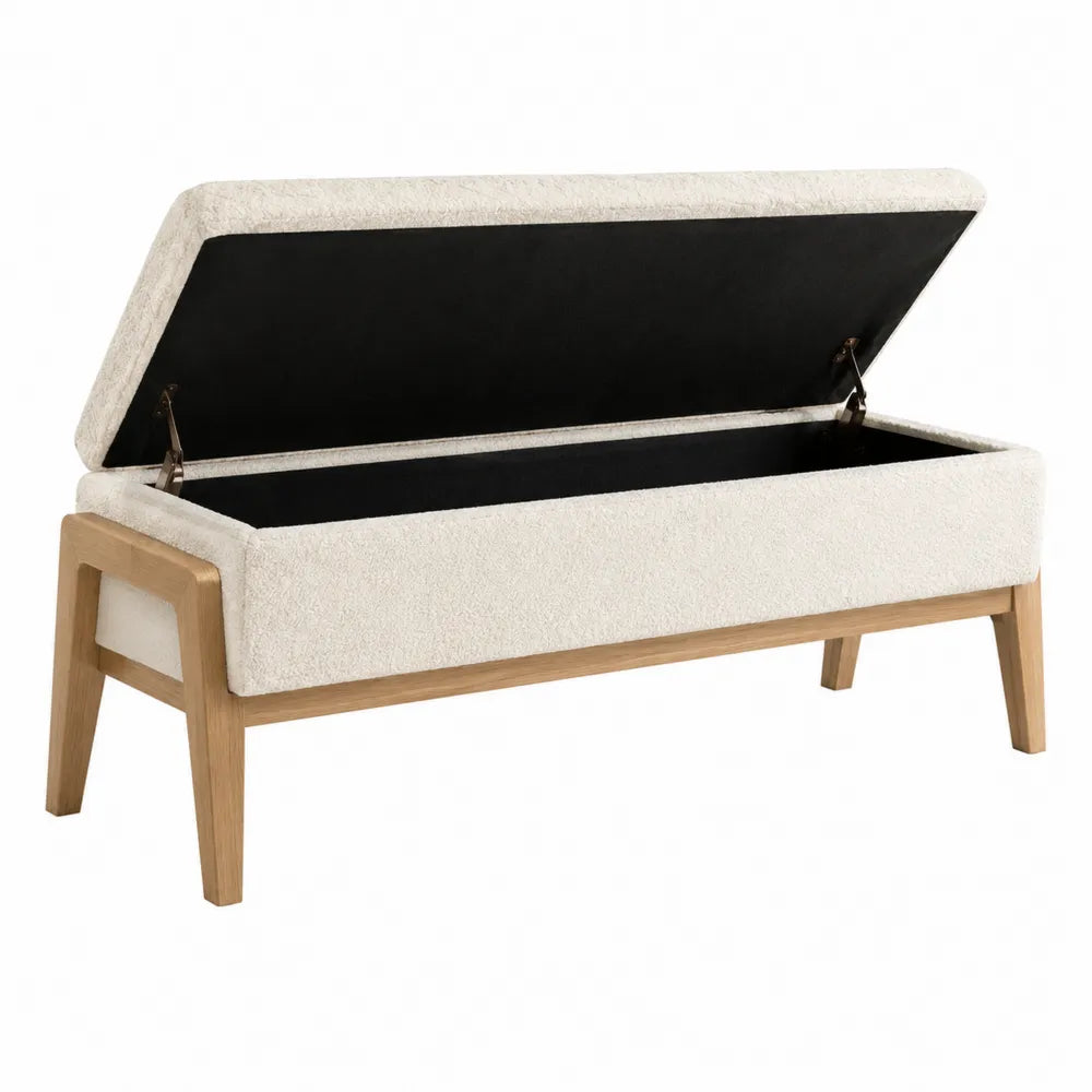 Banc coffre de chambre rectangulaire 110 x 40 x 45 cm tissu bouclé blanc cassé pieds en hévéa massif bois clair