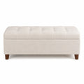 Banc coffre capitonné rectangulaire 120 x 45 x 45 cm en tissu polyester beige avec pieds en hévéa brun