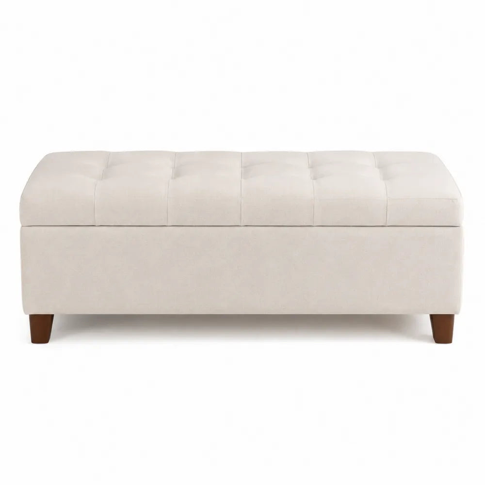 Banc coffre capitonné rectangulaire 120 x 45 x 45 cm en tissu polyester beige avec pieds en hévéa brun
