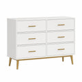 Commode rectangulaire 6 tiroirs 120 x 40 x 80 cm en MDF laqué blanc avec poignées et pieds dorés
