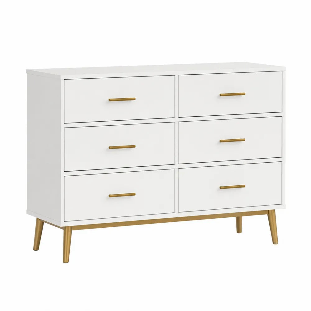 Commode rectangulaire 6 tiroirs 120 x 40 x 80 cm en MDF laqué blanc avec poignées et pieds dorés