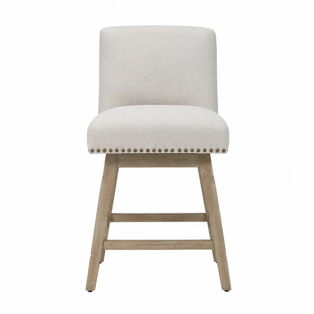 Tabouret de bar avec dossier rembourré 48 x 53 x 107 cm tissu polyester beige hévéa massif chêne grisé clous bronze