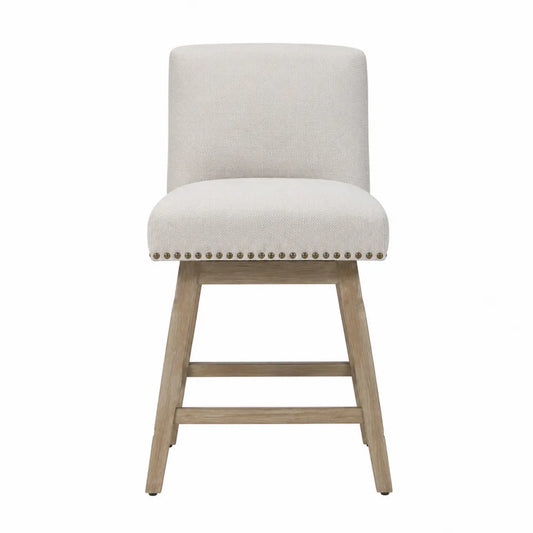 Tabouret de bar avec dossier rembourré 48 x 53 x 107 cm tissu polyester beige hévéa massif chêne grisé clous bronze