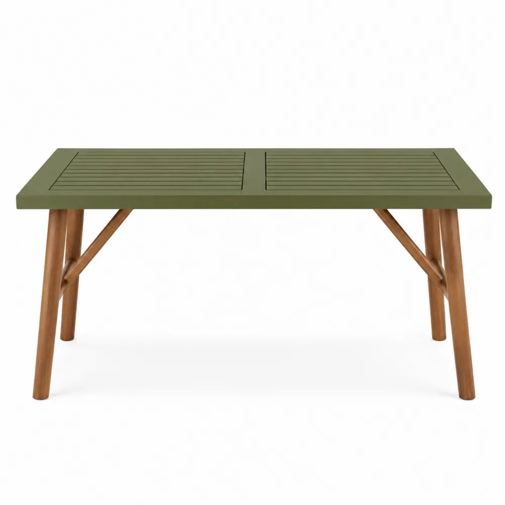 Table d’extérieur rectangulaire plateau vert avec pieds en bois naturel
