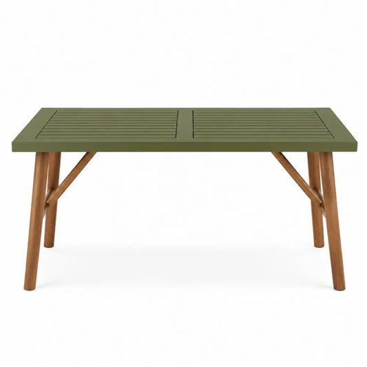 Table d’extérieur rectangulaire plateau vert avec pieds en bois naturel
